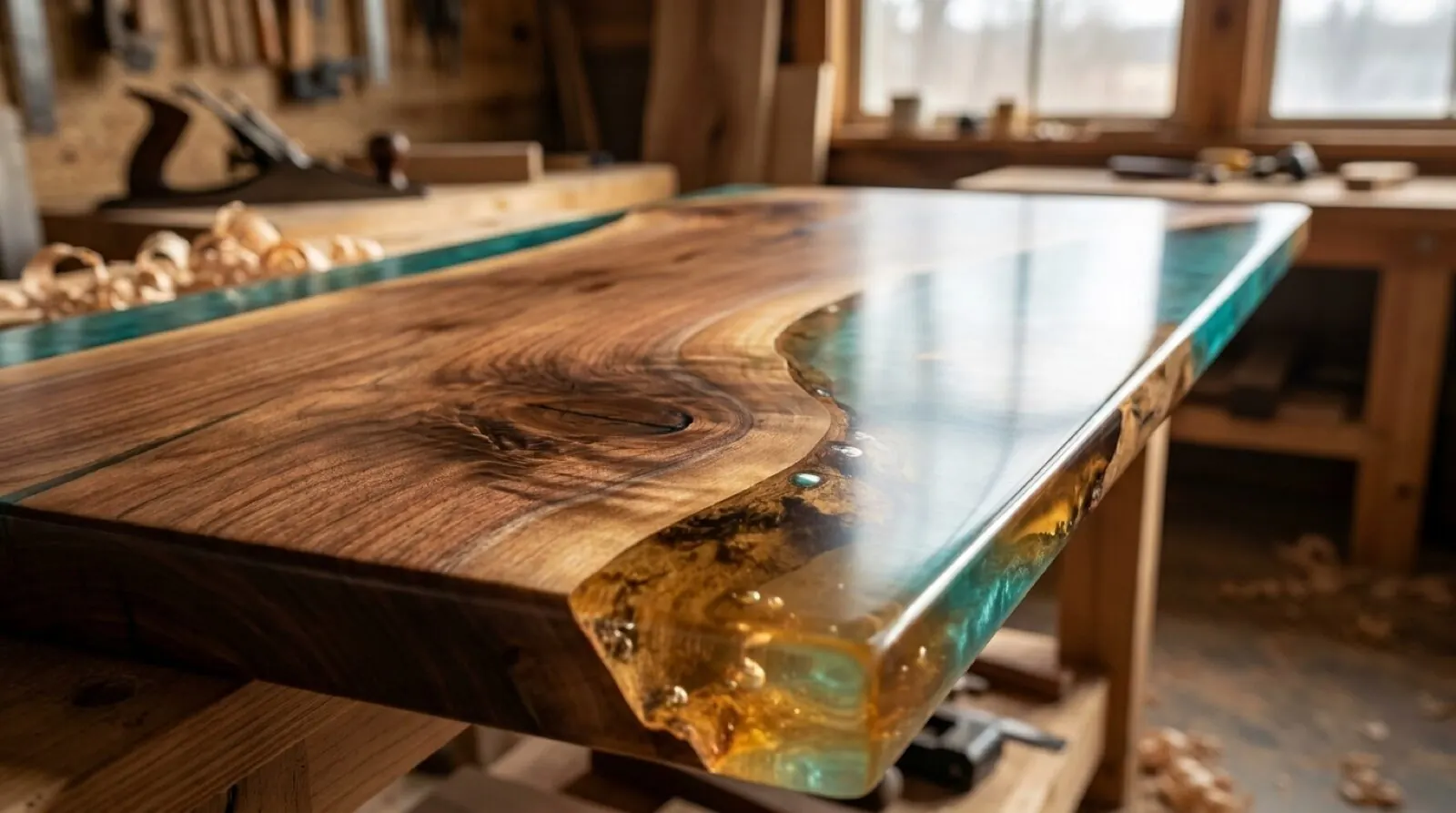 Visualisation d'ambiance d'un dessus de table époxy et bois massif fini à l'huile
