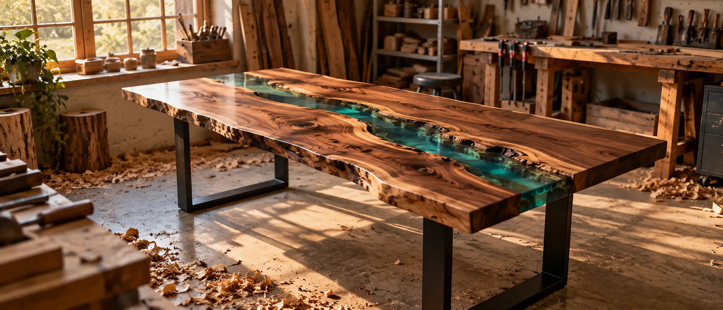 Visualisation d'ambiance d'une table rivière en bois massif et résine époxy bleu-vert à arête vive