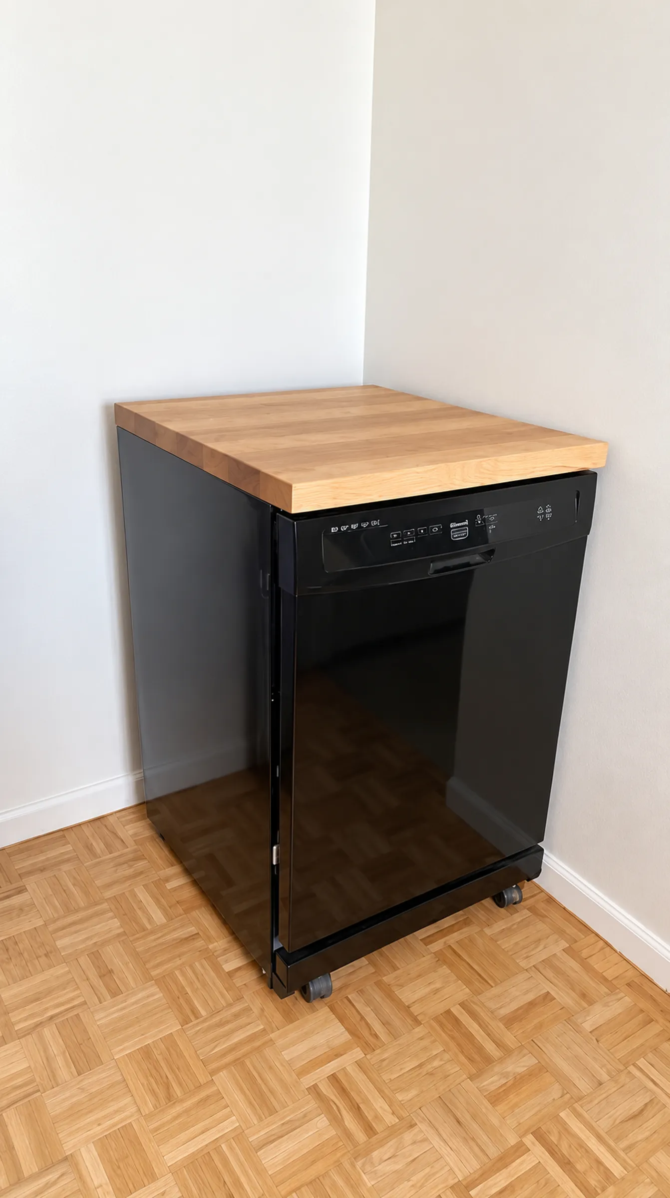 Dessus de comptoir en bois massif taillé sur mesure, posé sur un meuble, ébénisterie Sainte-Julie