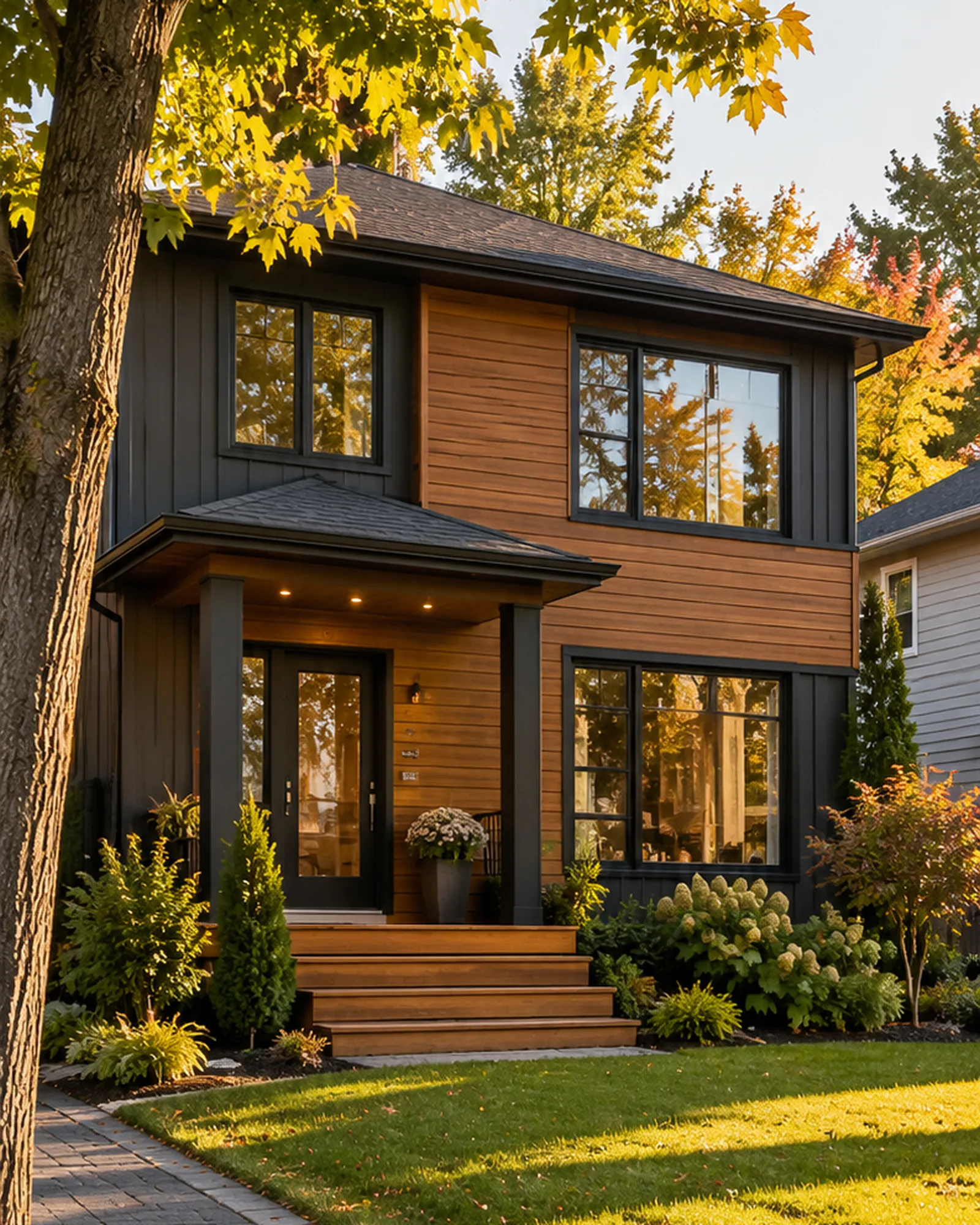 Illustration d'une maison de banlieue rénovée, revêtement de bois et fenêtres noires