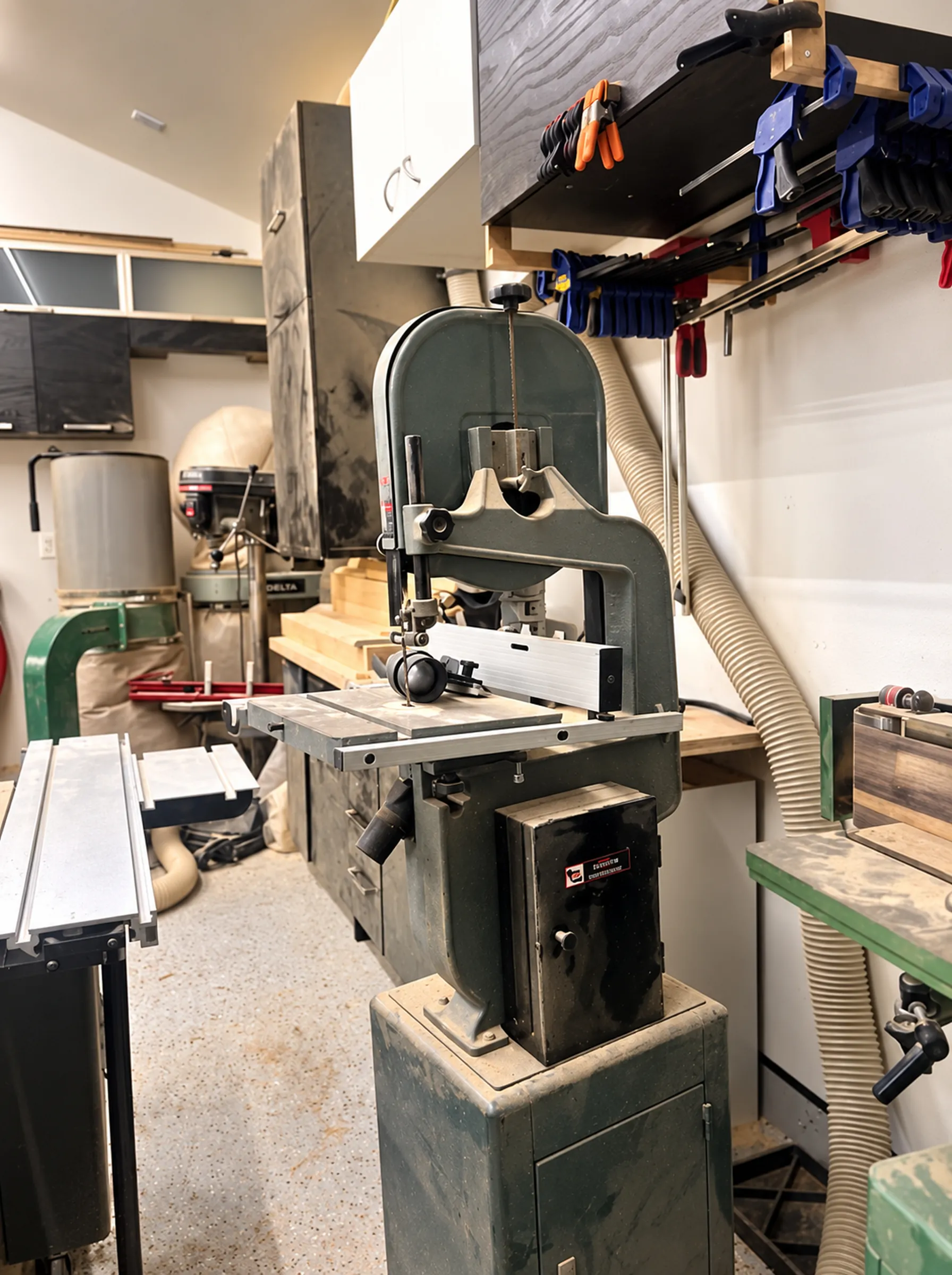 Scie à ruban et outils de travail du bois dans l'atelier